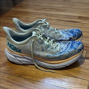 Hoka Clifton Blue and Cream Athletic Sneakers